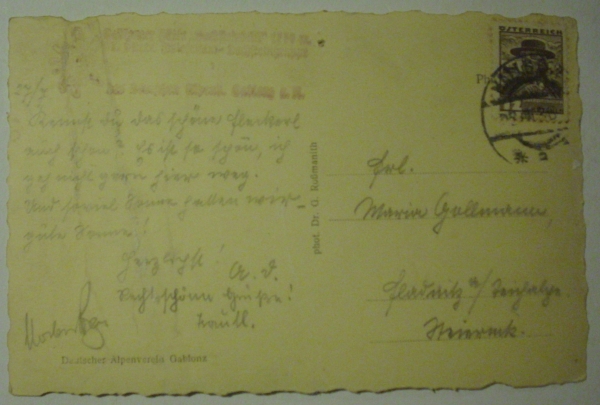 Ansichtskarte Abendfrieden. Der Vordere Gosausee mit dem Dachstein (1936)
